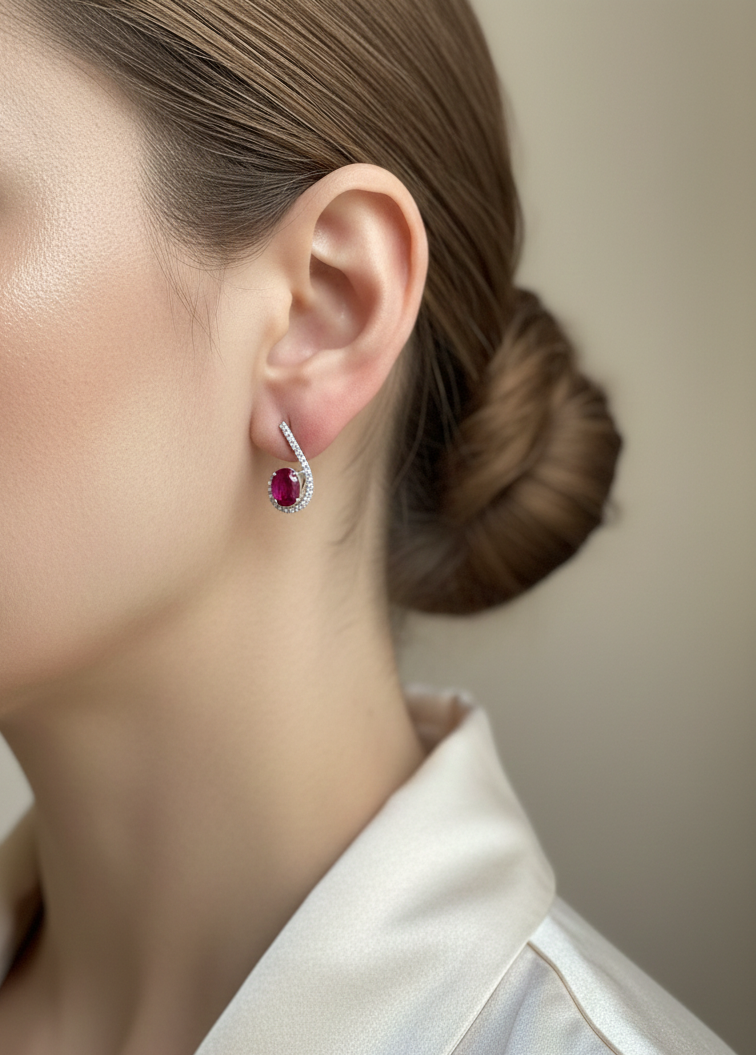 18k White Gold Oval Ruby & Diamond Pave Curve Earrings – Luxury Fine Jewelry