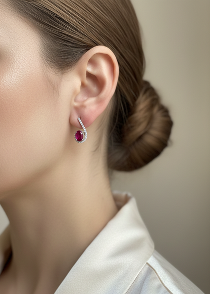 18k White Gold Oval Ruby & Diamond Pave Curve Earrings – Luxury Fine Jewelry