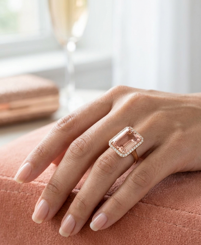 Morganite & Diamond Halo Cocktail Ring in 18K Rose Gold | 20.15 Carat Emerald Cut Morganite Statement Ring