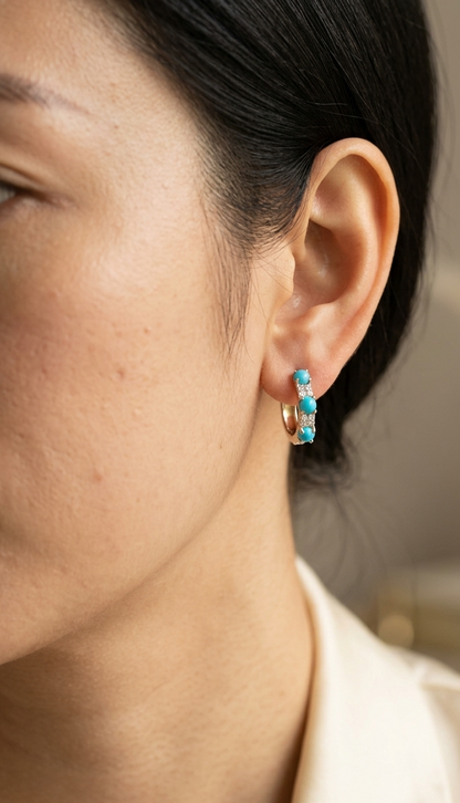 18K Yellow Gold Turquoise and Diamond Hoop Earrings