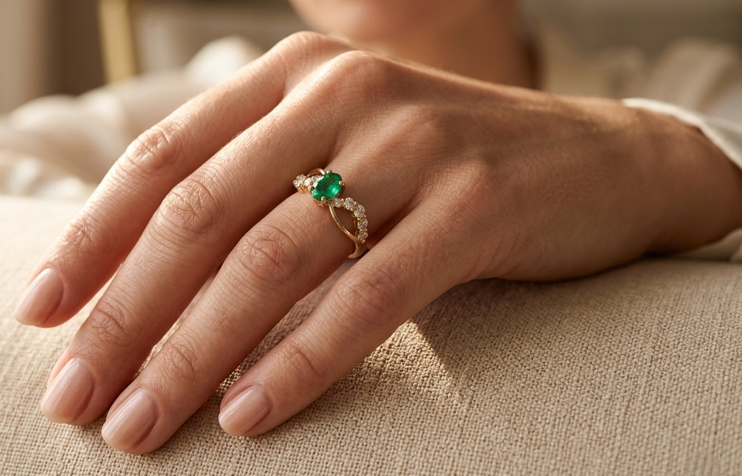 Emerald & Diamond Split Shank Ring 18K Yellow Gold