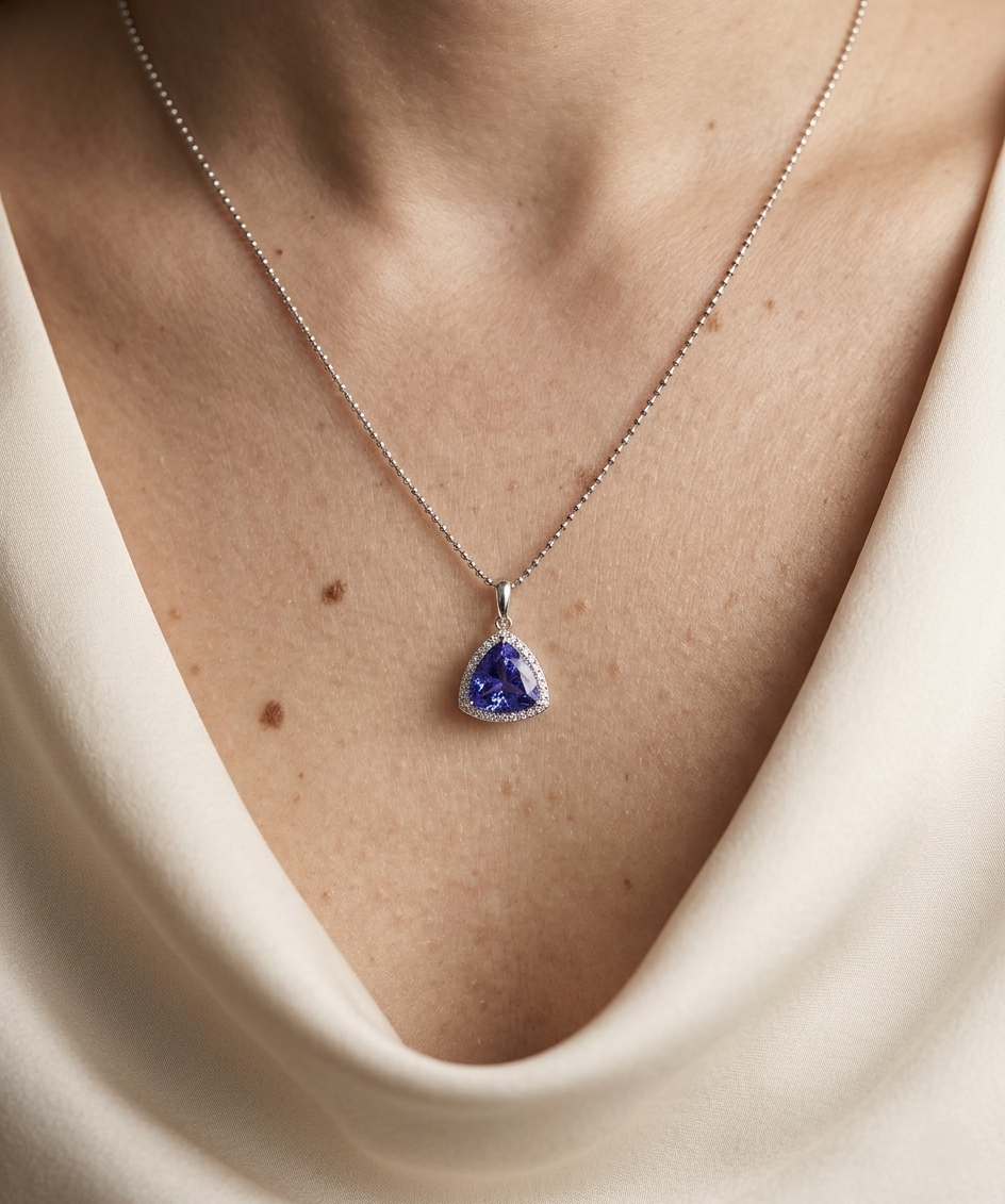 Trillion-Cut Tanzanite Pendant with Diamond Halo 18K White Gold