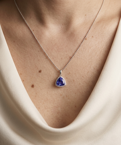 Trillion-Cut Tanzanite Pendant with Diamond Halo 18K White Gold