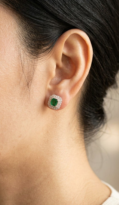 Emerald & Diamond Halo Stud Earrings in 18K White Gold