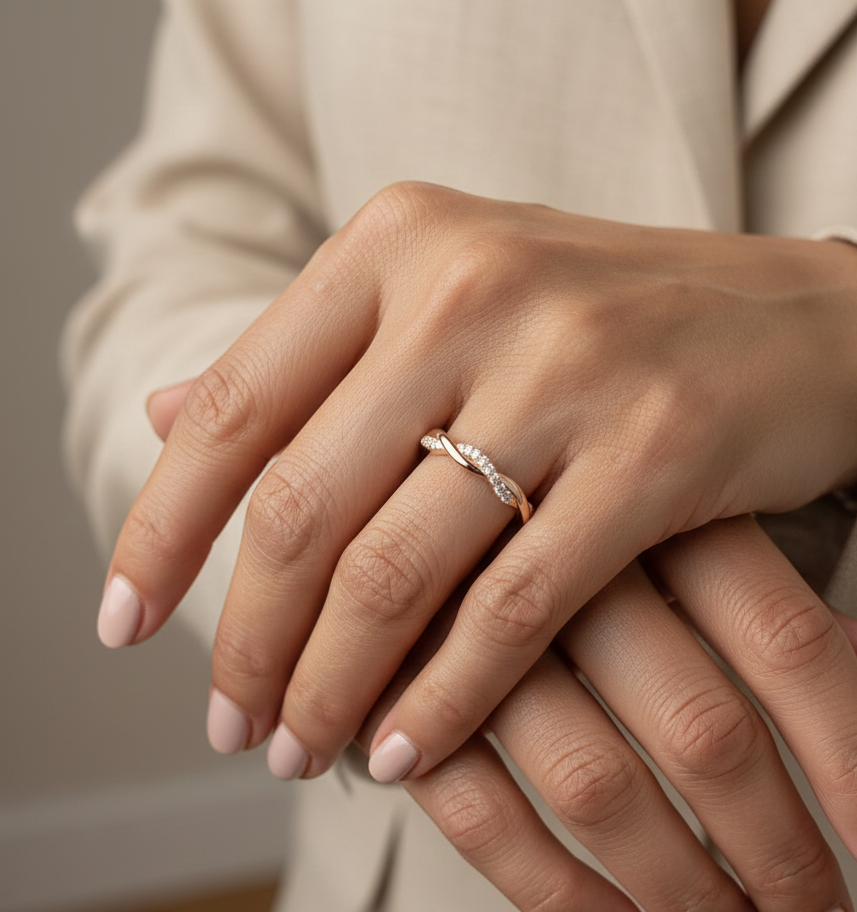 18K Rose Gold Twisted Diamond Band Ring – 0.20 Carats