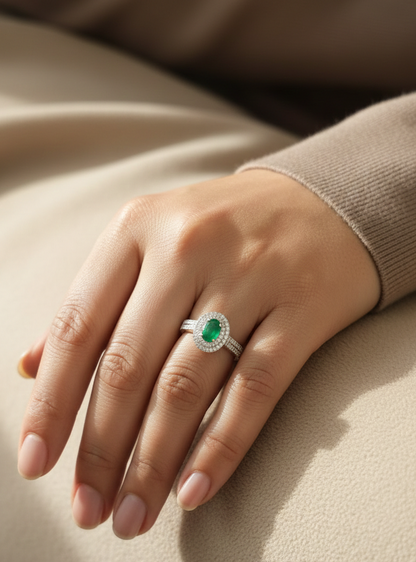 Emerald & Diamond Halo Ring in 18K Yellow Gold