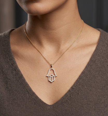 Diamond Hamsa hand pendant in 18K rose gold with openwork design