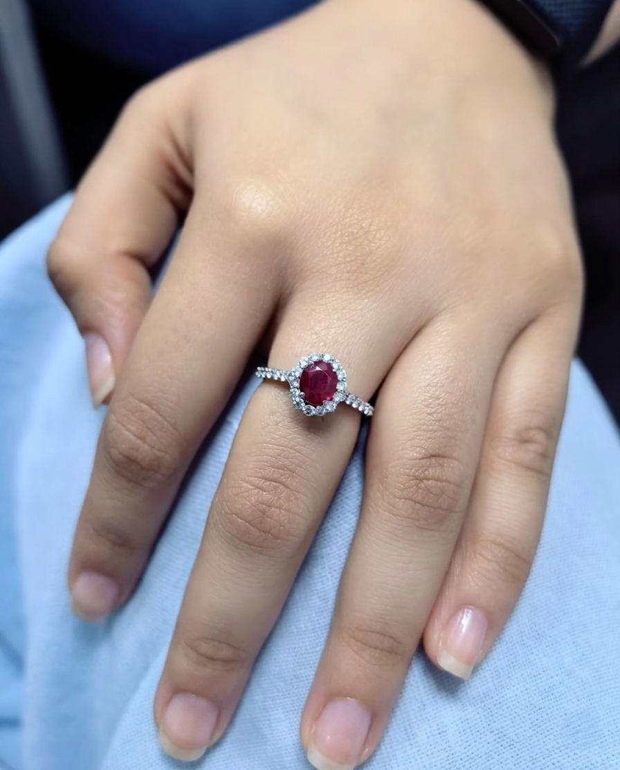 Ruby Diamond Halo Ring in 18K White Gold