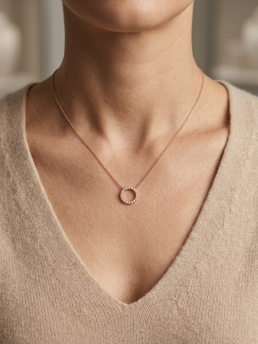 Diamond circle pendant necklace in 18K rose gold with 0.22 carat natural diamonds