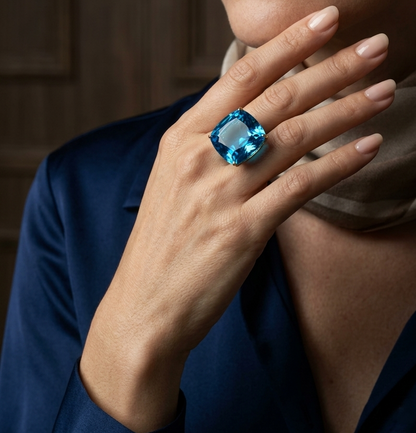 43.85 Carat Swiss Blue Topaz Solitaire Ring in 18K Yellow Gold