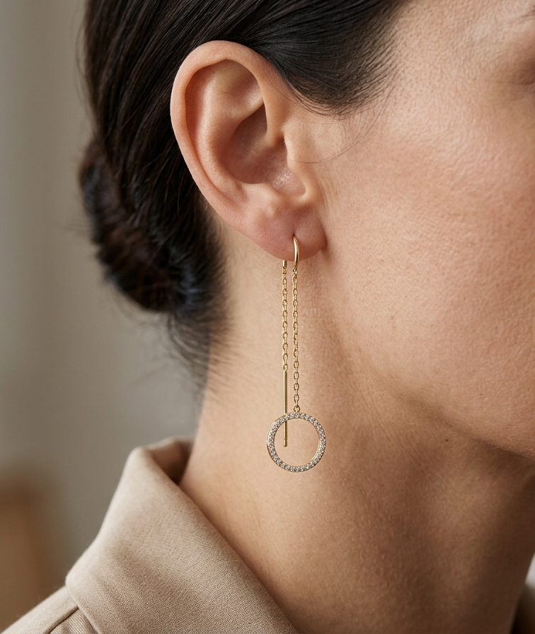 18K Gold Diamond Threader Earrings – 0.22 Carat Dangle Drop Earrings with Open Circle Design
