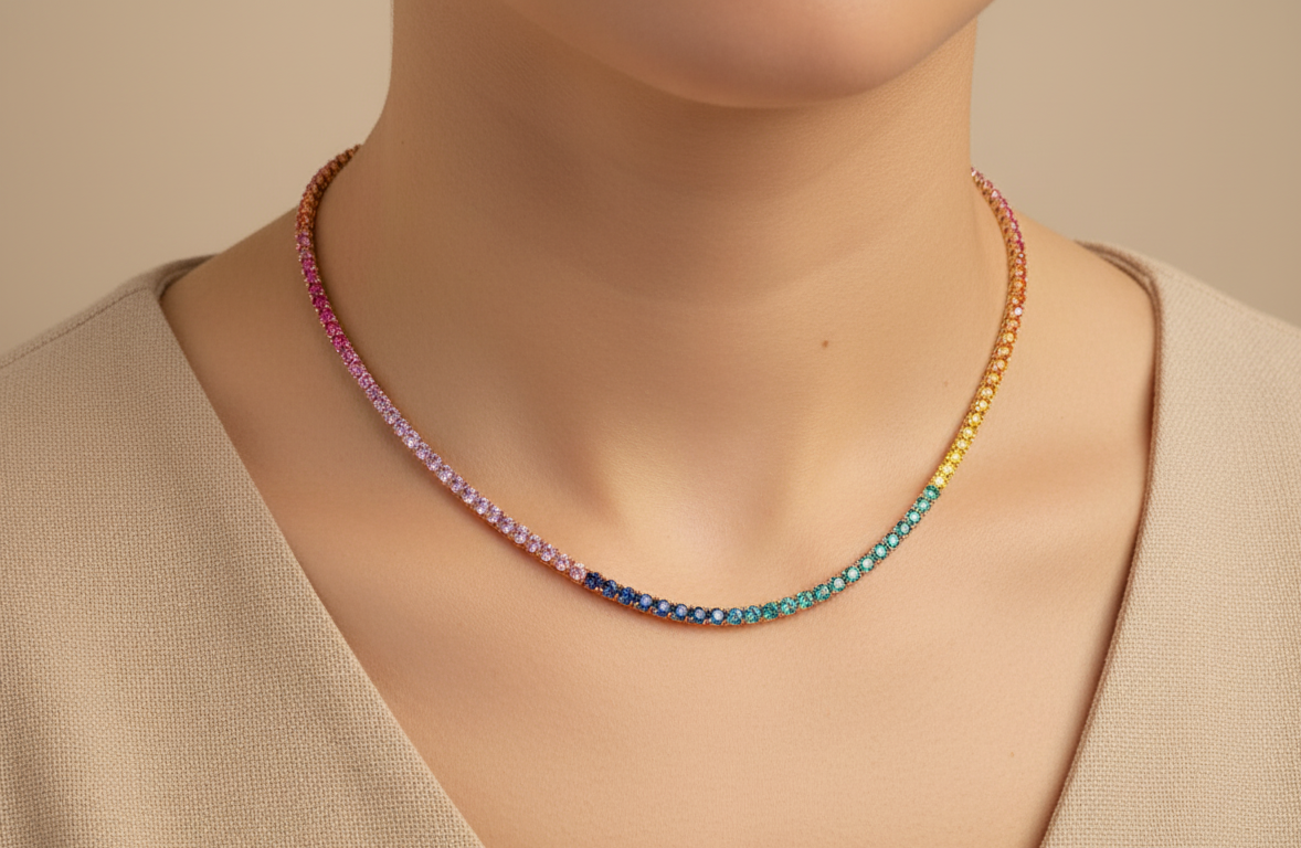 “18K gold rainbow sapphire tennis necklace with multicolored gemstones – Emirates Diamonds”