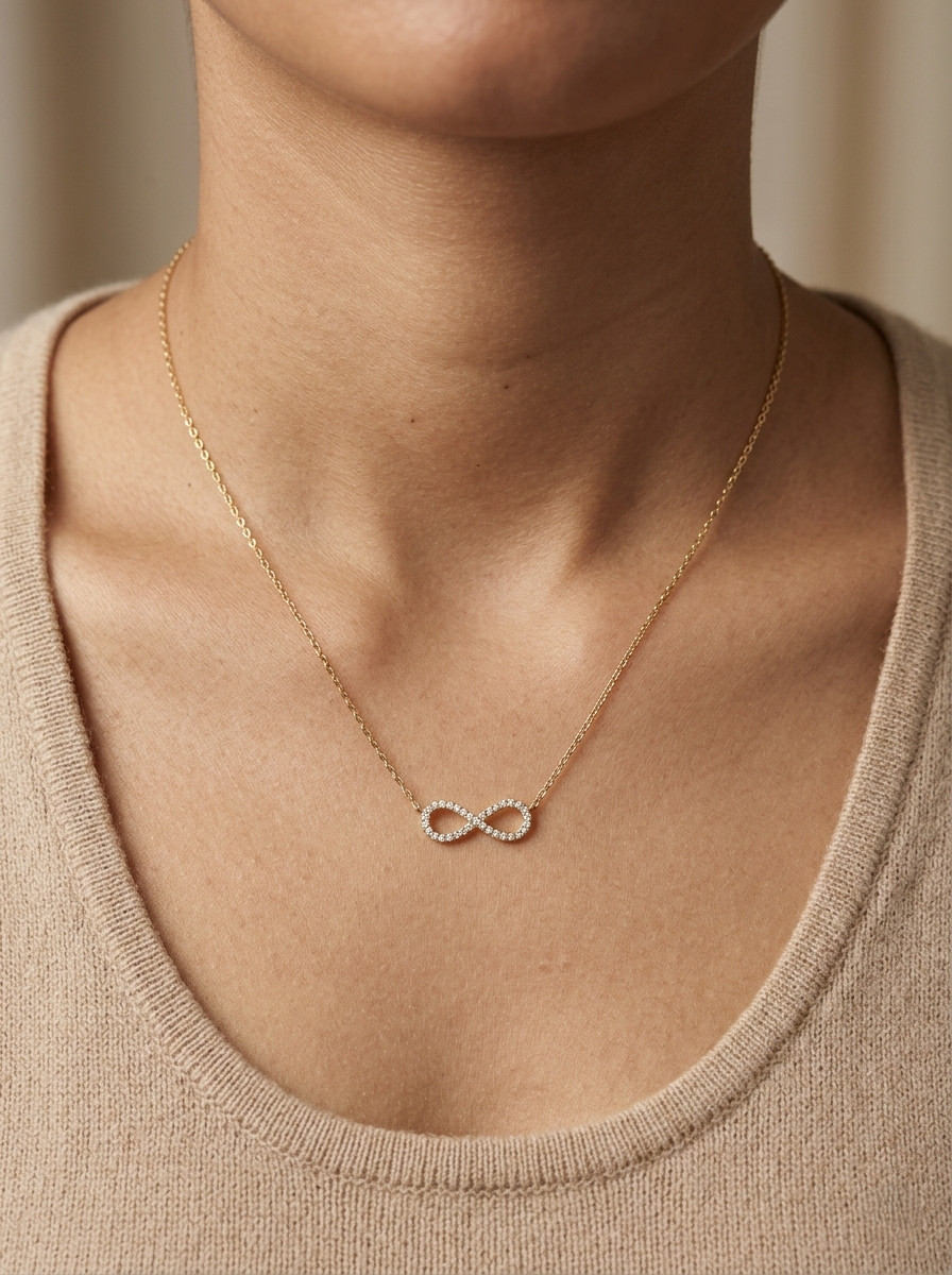 Diamond infinity necklace in 18K yellow gold featuring 0.19 carats of diamonds by Emirates Diamonds.