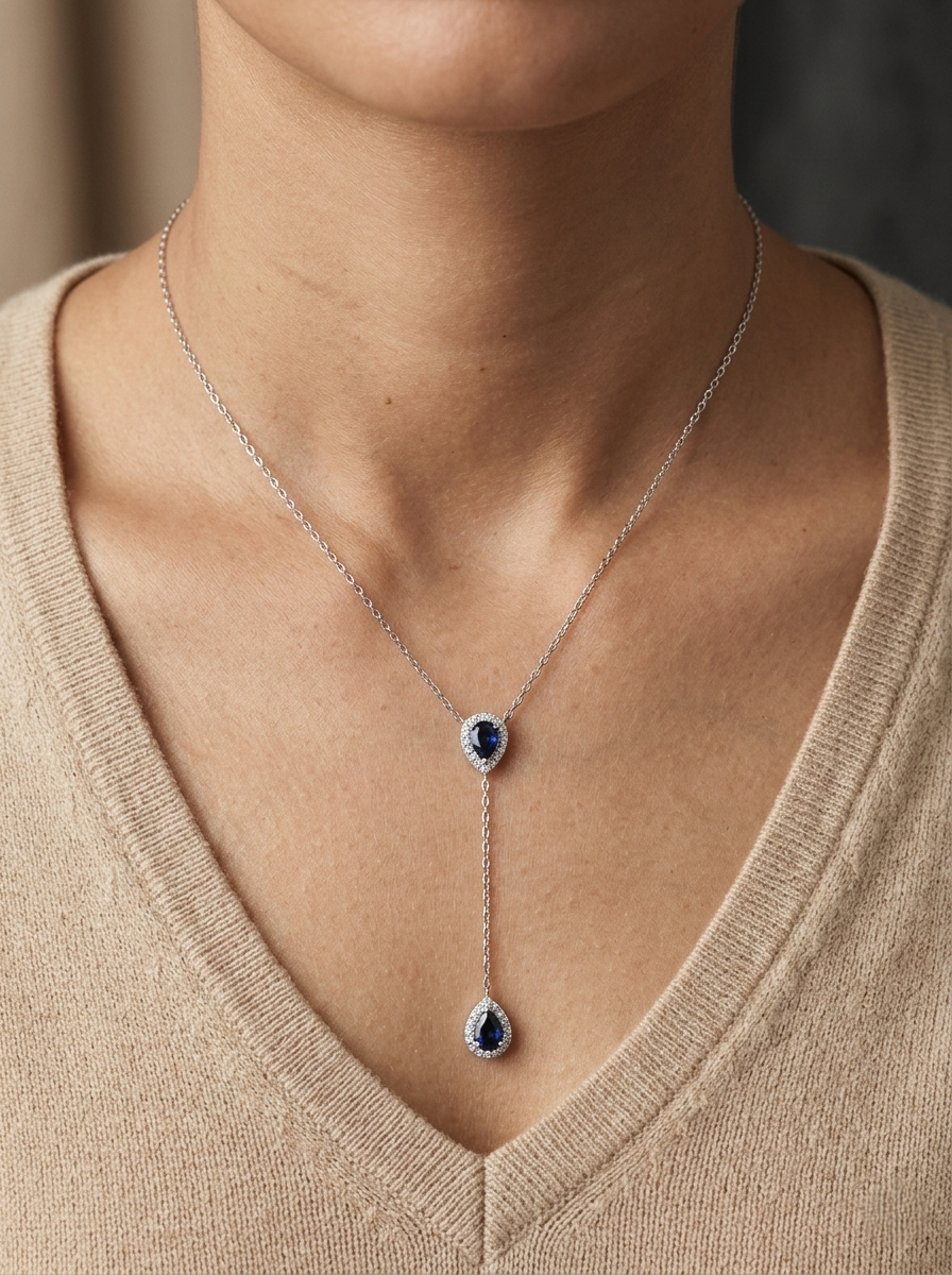 Blue sapphire and diamond drop necklace in 18K white gold featuring 1.00 carat sapphires and 0.24 carat diamonds by Emirates Diamonds.