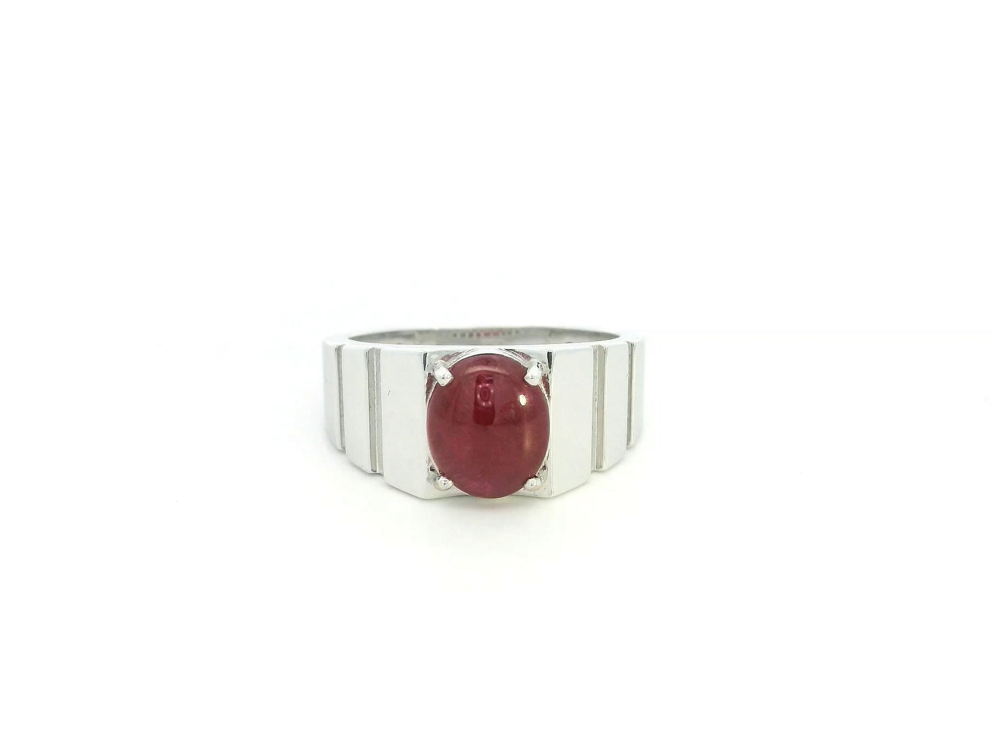 3.51ct cabochon ruby men's ring in 18K white gold bold statement design by Emirates Diamonds