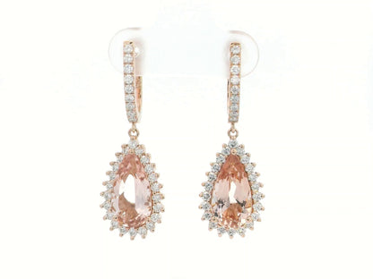 Morganite and diamond drop earrings 4.62 carat pear morganite in 18K rose gold by Emirates Diamonds