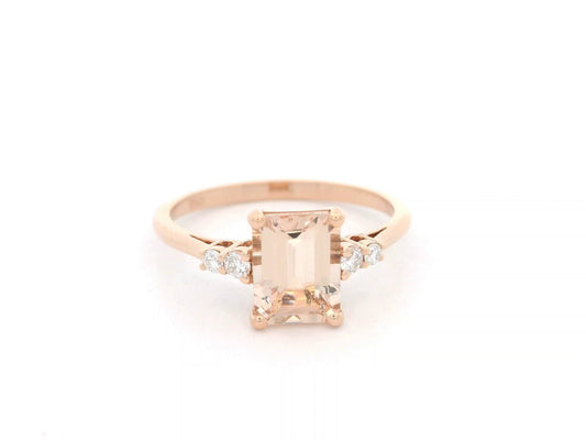 Emerald cut morganite ring 1.43 carat with diamond accents in 18K rose gold by Emirates Diamonds