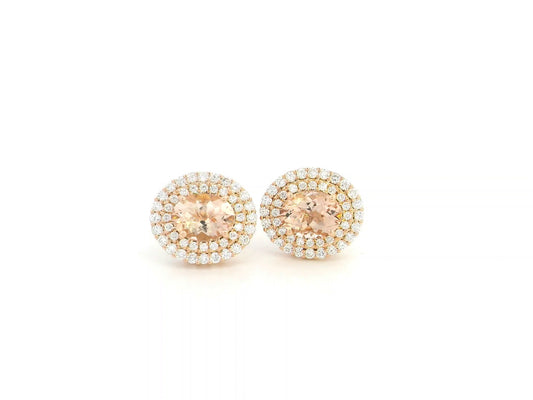 Morganite and diamond halo stud earrings in 18K rose gold oval morganite with double diamond halo – Emirates Diamonds