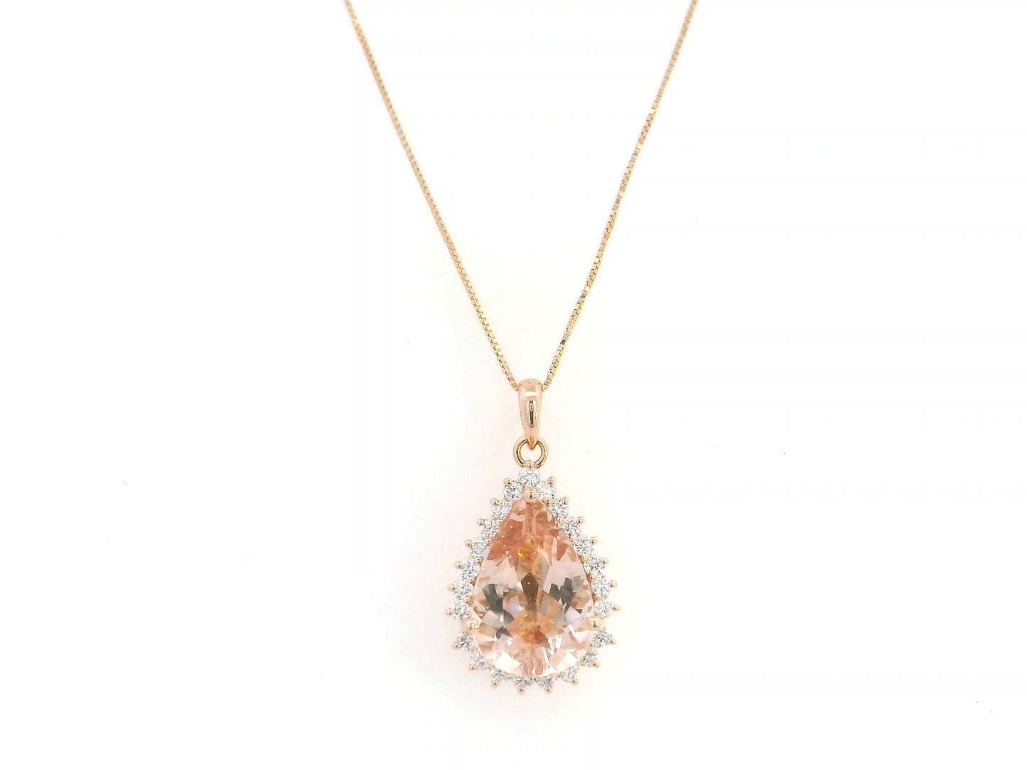 Morganite diamond pendant in 18K rose gold pear-shaped halo pendant – Emirates Diamonds