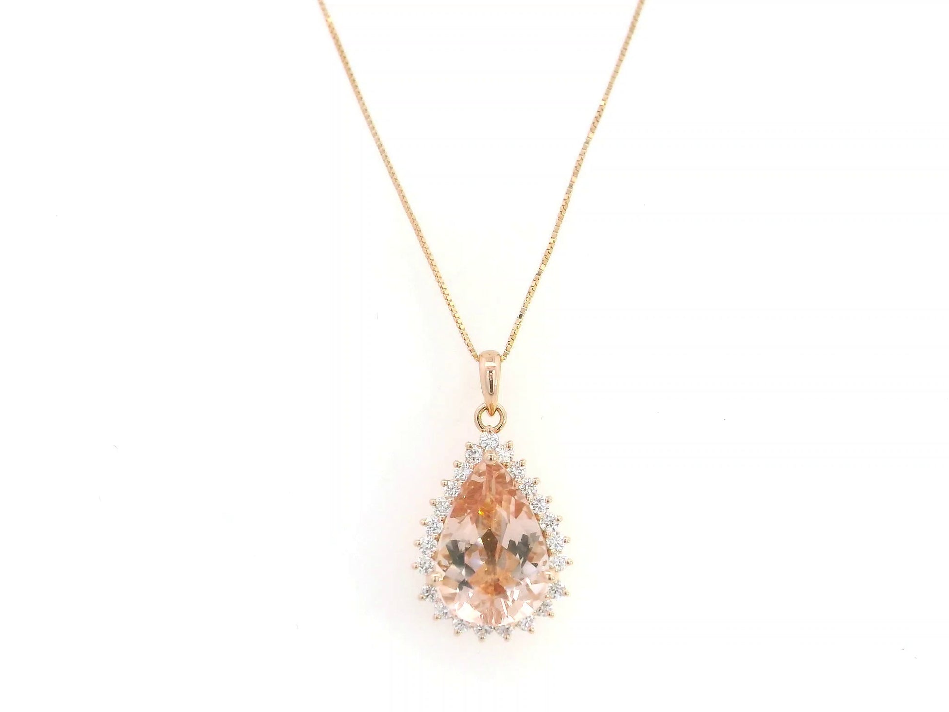 Morganite diamond pendant in 18K rose gold pear-shaped halo pendant – Emirates Diamonds