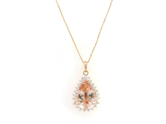 Morganite diamond pendant in 18K rose gold pear-shaped halo pendant – Emirates Diamonds