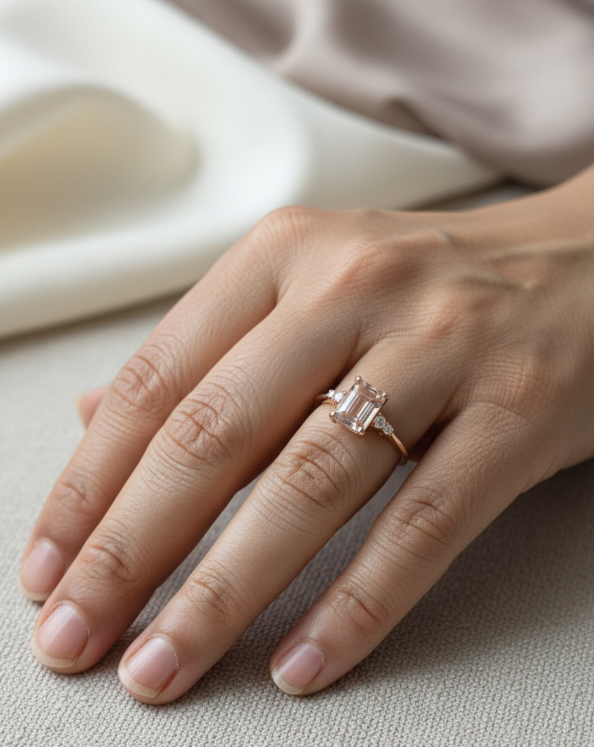 Emerald cut morganite ring 1.43 carat with diamond accents in 18K rose gold by Emirates Diamonds