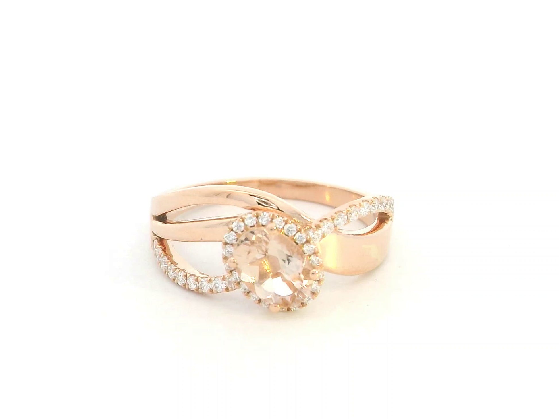 Morganite diamond halo wrap ring in 18K rose gold with oval morganite and diamond accents