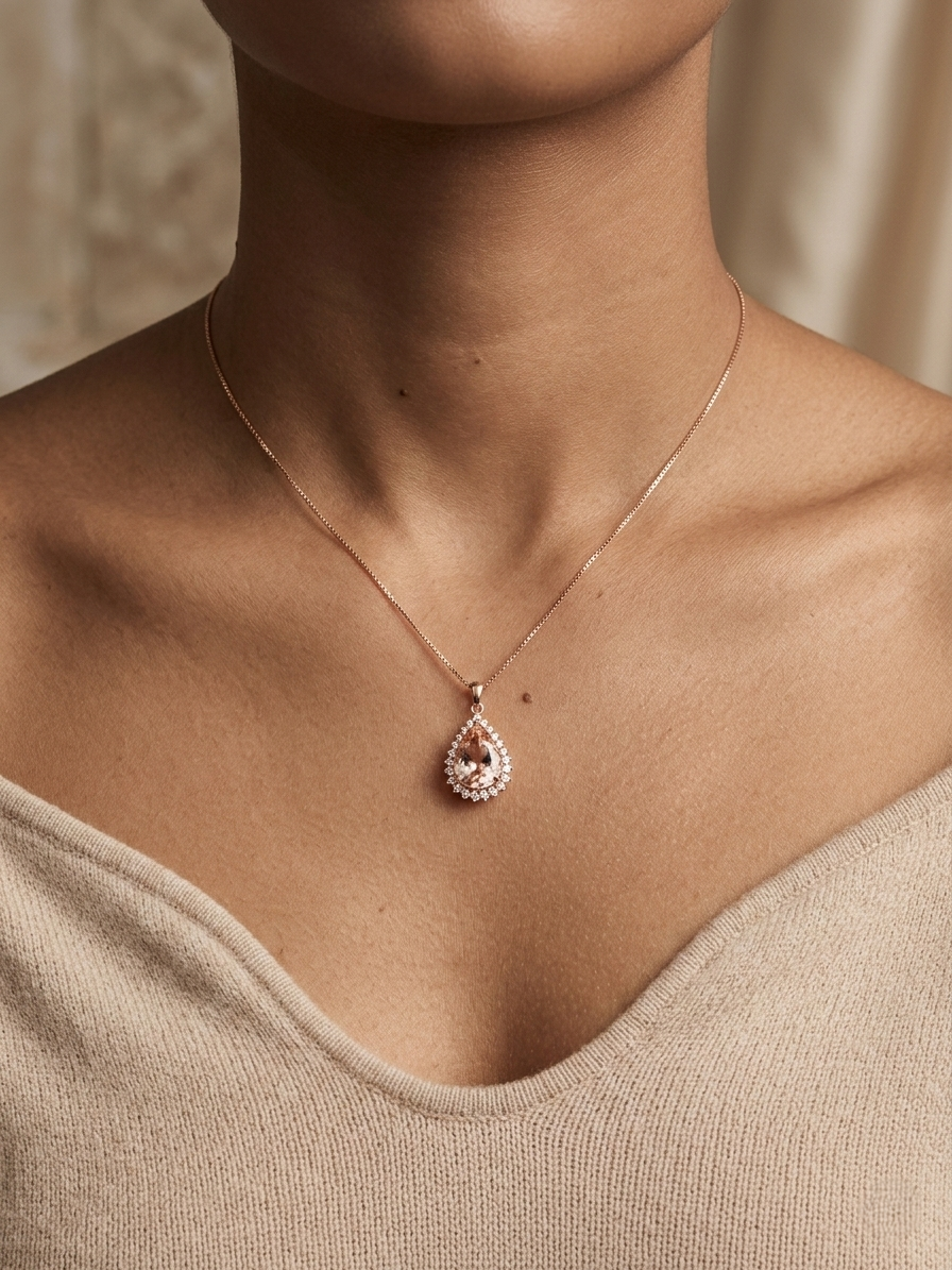 Morganite diamond pendant in 18K rose gold pear-shaped halo pendant – Emirates Diamonds