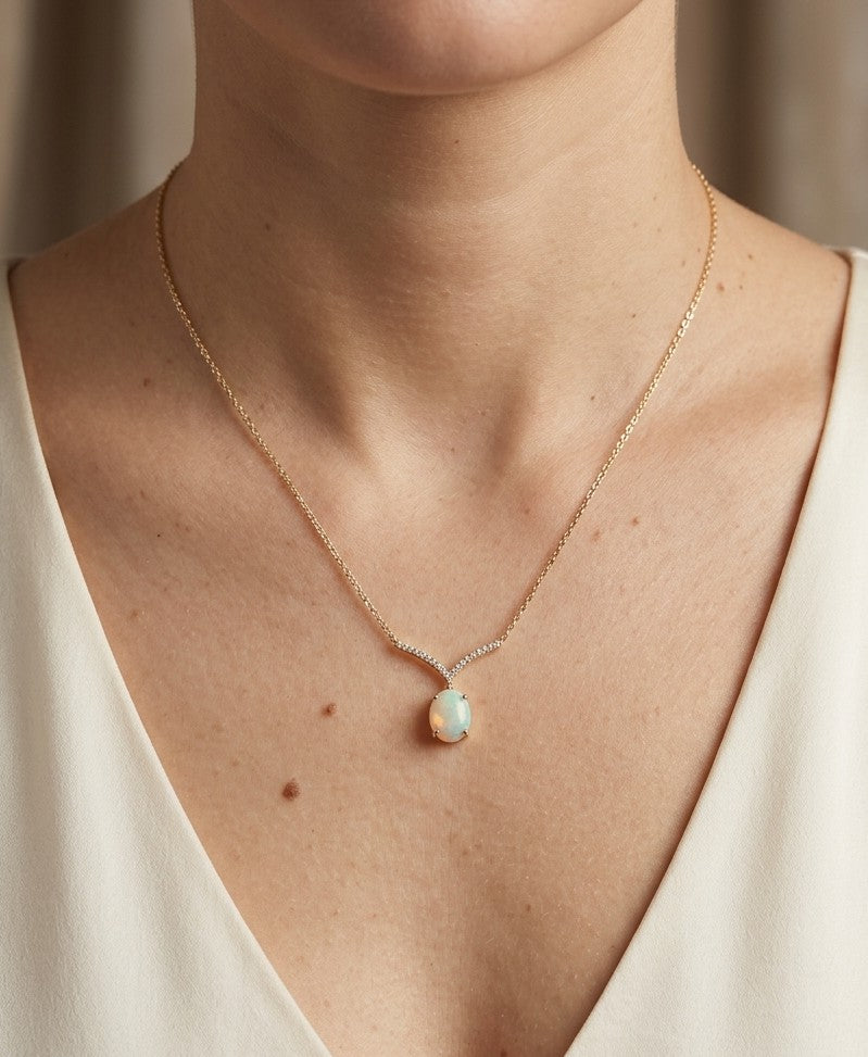 Opal and diamond necklace in 18K yellow gold featuring an oval white opal with soft iridescent colours, suspended beneath two gently curved diamond-set bars forming a V-shaped design.