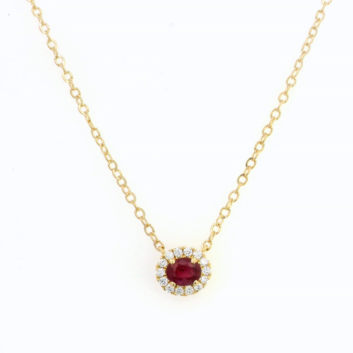 18K Yellow Gold Ruby and Diamond Halo Necklace – 0.42ct Ruby, 0.12ct Diamonds