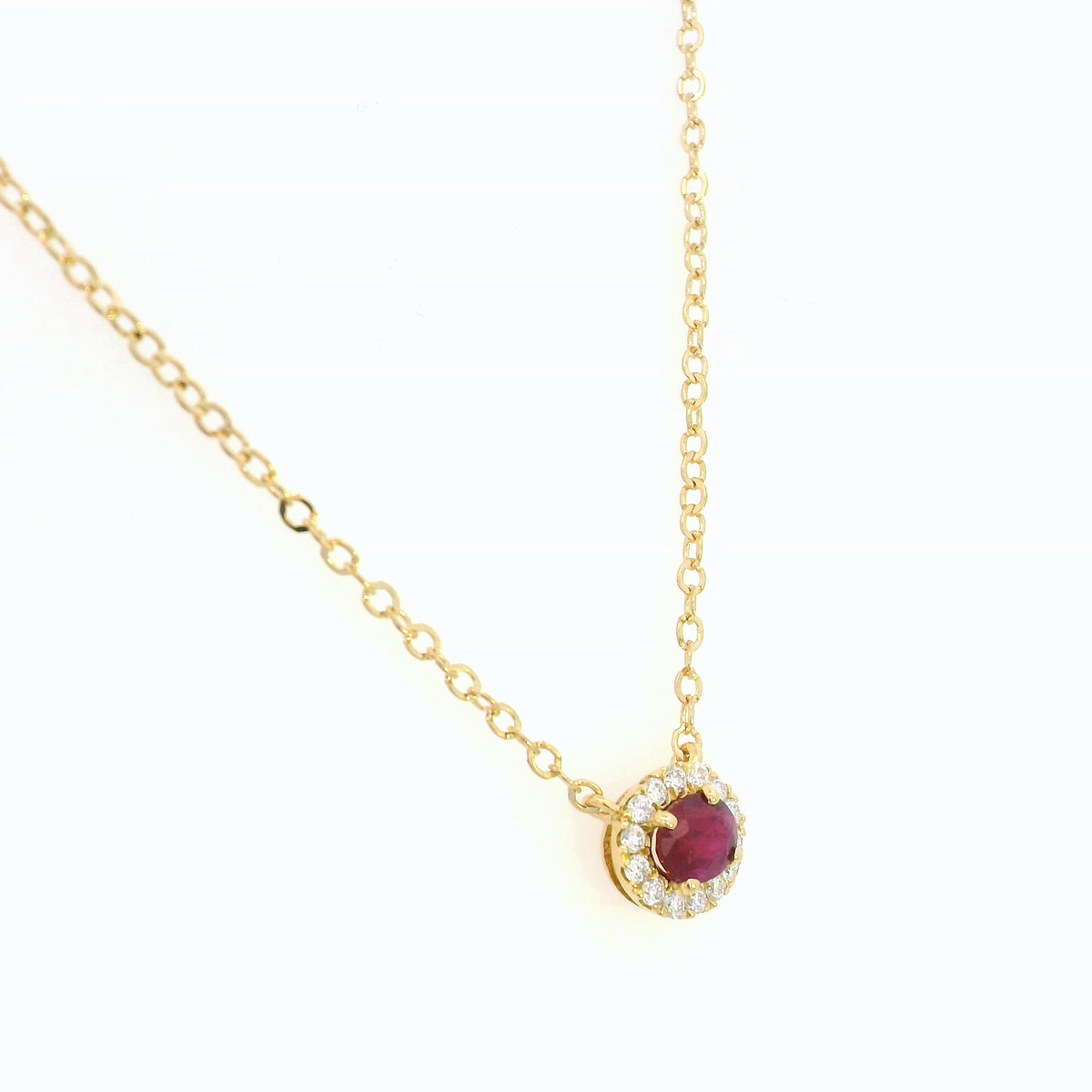 18K Yellow Gold Ruby and Diamond Halo Necklace – 0.42ct Ruby, 0.12ct Diamonds