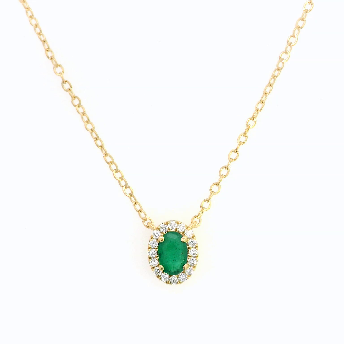 18K Gold Oval-Cut Emerald and Diamond Halo Birthstone Pendant – 0.40ct Emerald, 0.13ct Diamonds