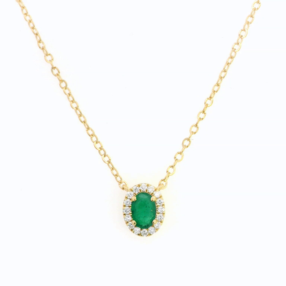 18K Gold Oval-Cut Emerald and Diamond Halo Birthstone Pendant – 0.40ct Emerald, 0.13ct Diamonds