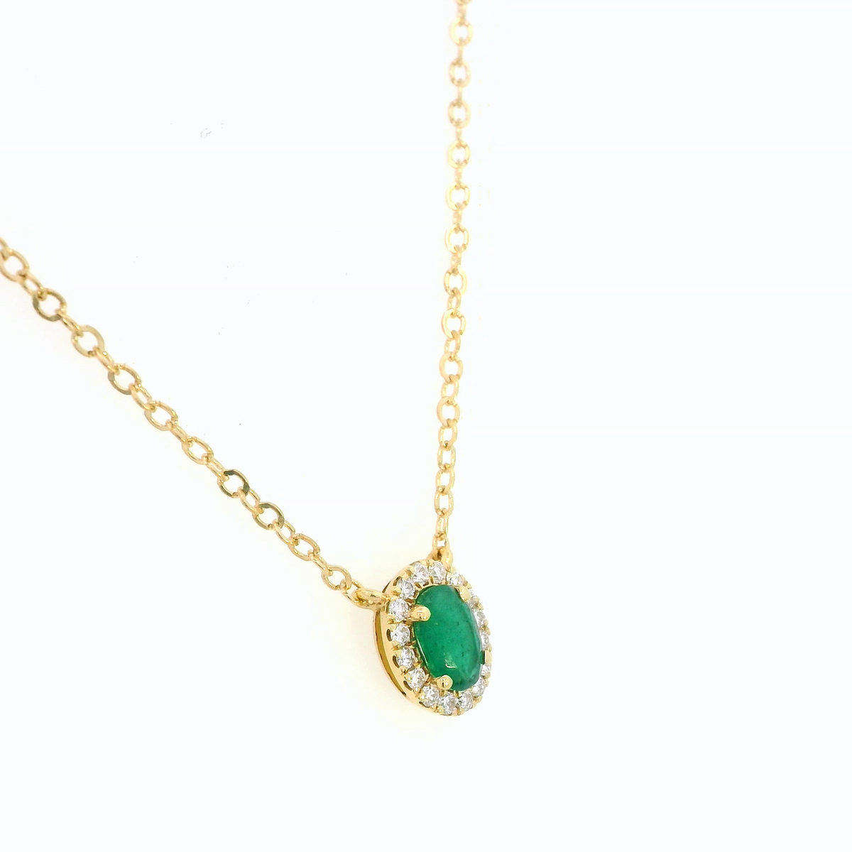 18K Gold Oval-Cut Emerald and Diamond Halo Birthstone Pendant – 0.40ct Emerald, 0.13ct Diamonds