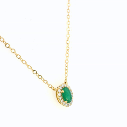 18K Gold Oval-Cut Emerald and Diamond Halo Birthstone Pendant – 0.40ct Emerald, 0.13ct Diamonds