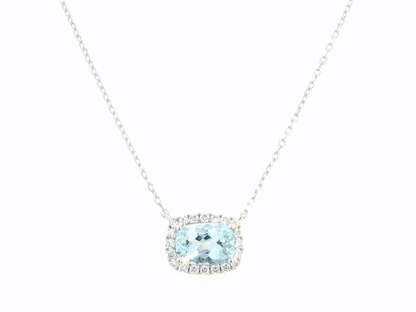 18K Gold Cushion-Cut Aquamarine with Diamond Halo Pendant – 0.81ct Aquamarine, 0.12ct Diamonds