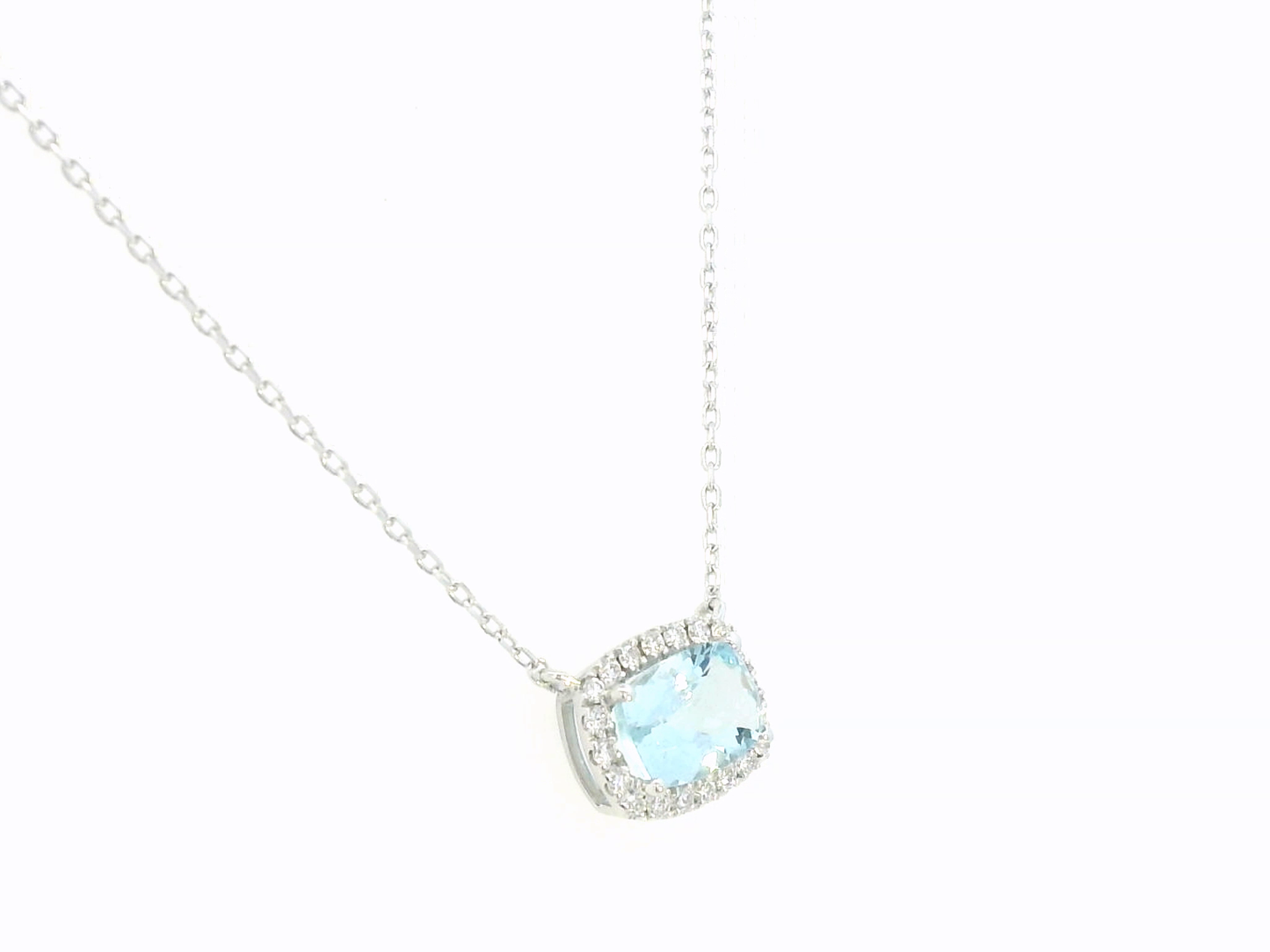 18K Gold Cushion-Cut Aquamarine with Diamond Halo Pendant – 0.81ct Aquamarine, 0.12ct Diamonds