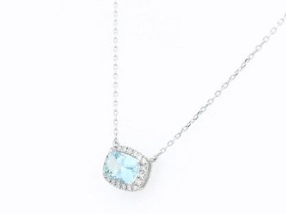 18K Gold Cushion-Cut Aquamarine with Diamond Halo Pendant – 0.81ct Aquamarine, 0.12ct Diamonds