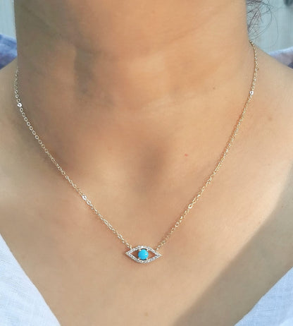 18K Gold Evil Eye Necklace with Turquoise & Diamond