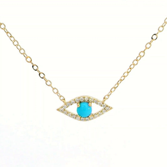 18K Gold Evil Eye Necklace with Turquoise & Diamond