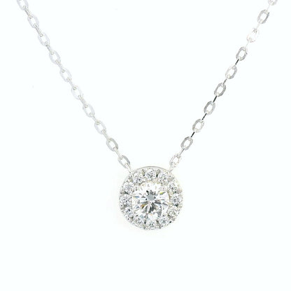 18K white gold diamond halo pendant necklace with 0.38ct round-cut center diamond and 0.21ct halo diamonds on white gold chain.