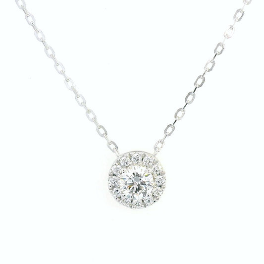 18K white gold diamond halo pendant necklace with 0.38ct round-cut center diamond and 0.21ct halo diamonds on white gold chain.