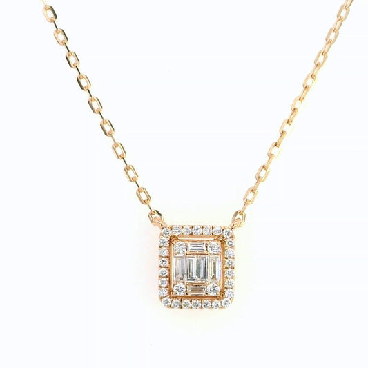 Elegant 18K Gold Diamond Cluster Pendant Necklace with Round & Baguette Diamonds