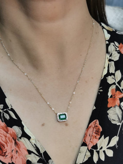 18K Yellow Gold Emerald-Cut Emerald Necklace with Diamond Halo