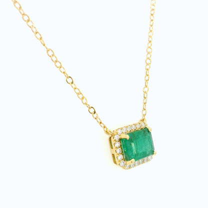 18K Yellow Gold Emerald-Cut Emerald Necklace with Diamond Halo