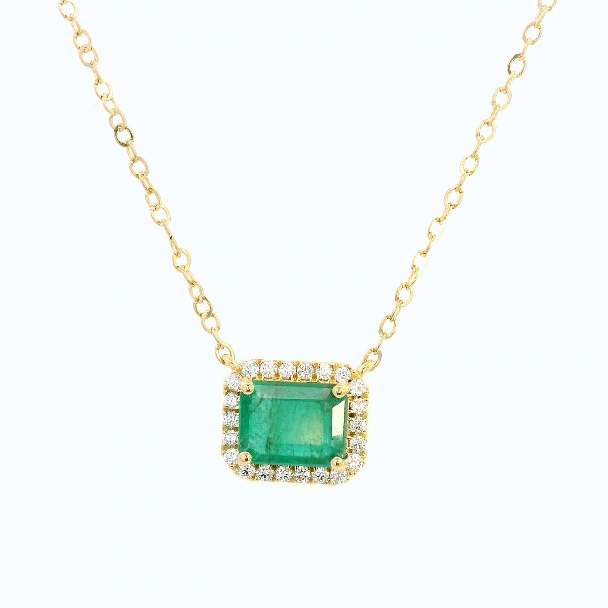 18K Yellow Gold Emerald-Cut Emerald Necklace with Diamond Halo