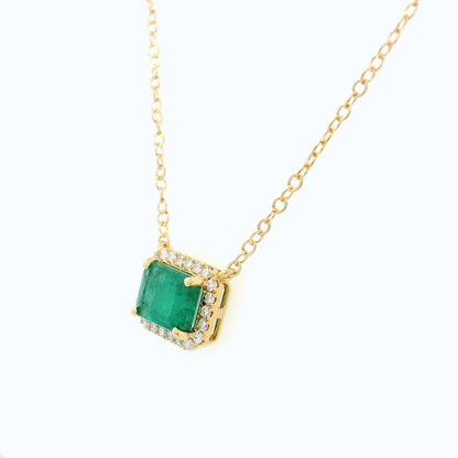 18K Yellow Gold Emerald-Cut Emerald Necklace with Diamond Halo