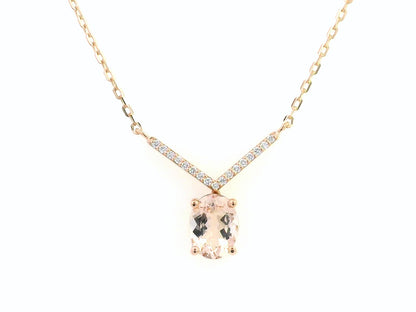 18K gold oval morganite necklace with 1.12 Ct morganite and 0.08 Ct diamonds, luxury gemstone pendant