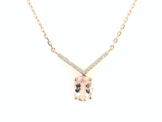 18K gold oval morganite necklace with 1.12 Ct morganite and 0.08 Ct diamonds, luxury gemstone pendant