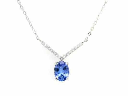 18K gold oval tanzanite necklace with 1.06 Ct tanzanite and 0.08 Ct diamonds, luxury gemstone necklace